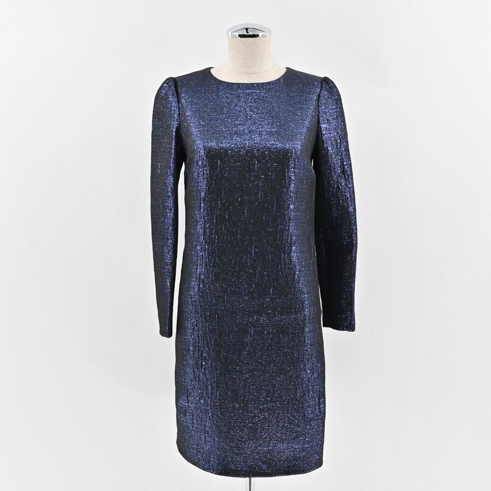 ARIANA ROCKEFELLER‎ Dress Size 0 Silk Black Blue Metallic Long Sleeve Shift Silk